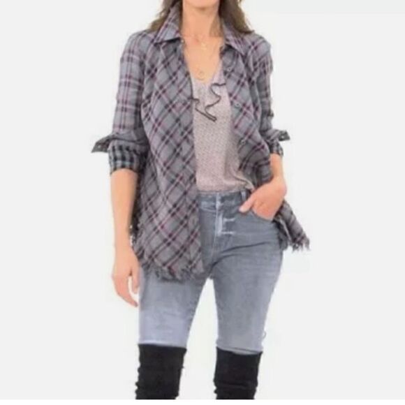 CAbi Highland Flannel Plaid Gray and Purple Button Up Frayed Hem Shirt Size S - Picture 1 of 13